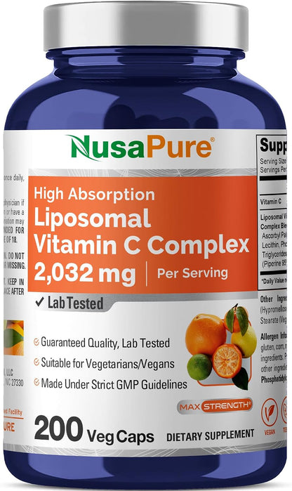 NusaPure Liposomal Vitamin C 2032mg – High Absorption Ascorbic Acid with BioPerine, 200 Vegan Capsules