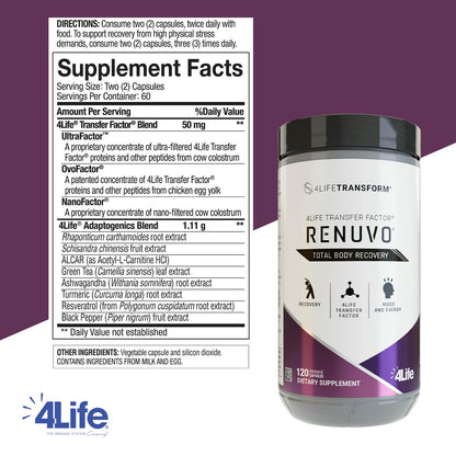 4Life Transform Renuvo Recovery Supplement, Schisandra, 120 Vegie Capsules