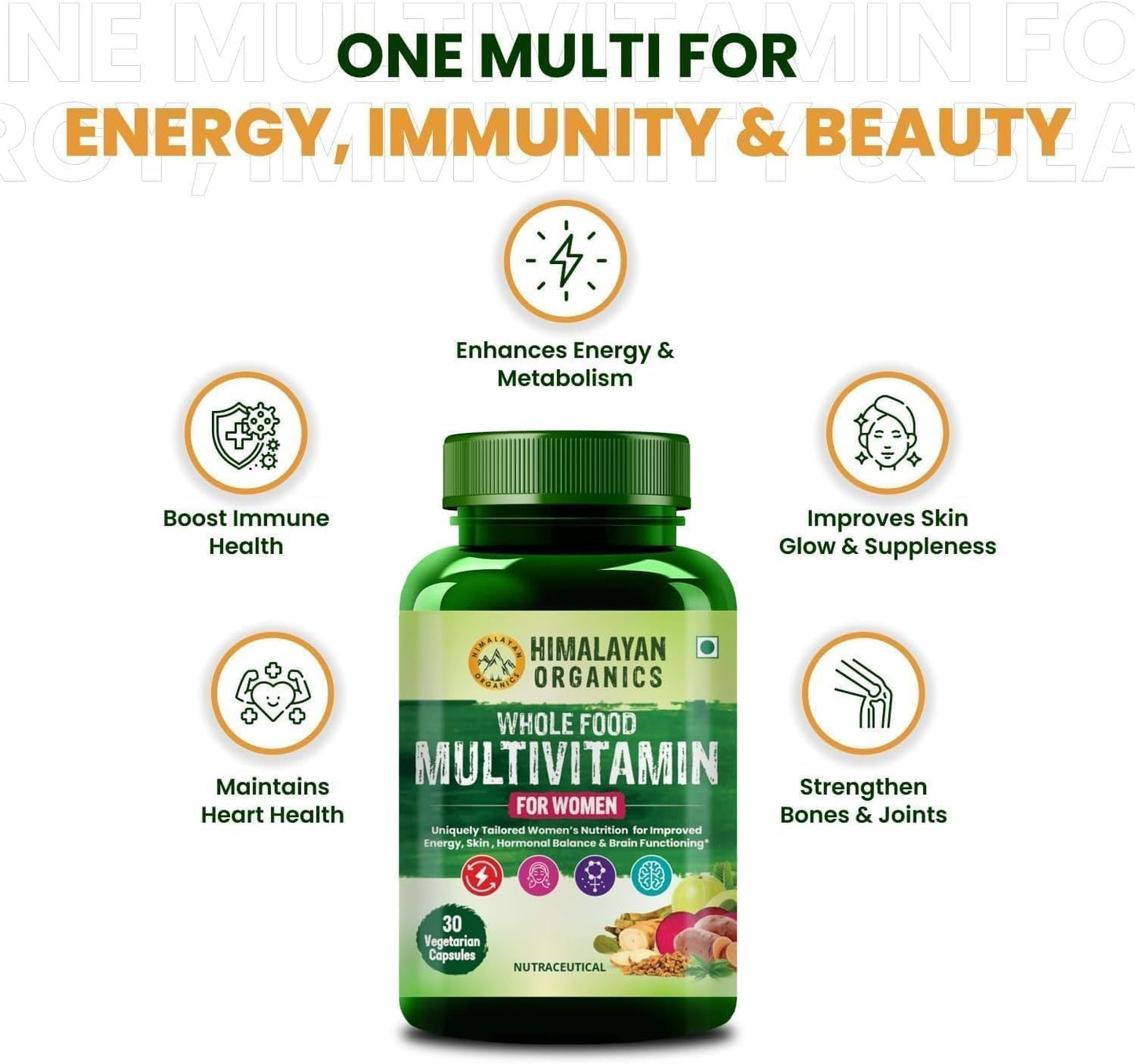 Wholefood Multivitamin for Women's with Vitamin B1, B2, B3, B5, B6, B7, B9, B12, C, D, E, Calcium, Magnesium, Zinc - 30 Veg Capsules (Pack of 1) - görsel 4