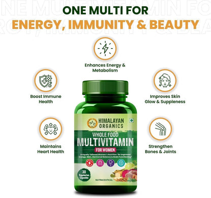 Wholefood Multivitamin for Women's with Vitamin B1, B2, B3, B5, B6, B7, B9, B12, C, D, E, Calcium, Magnesium, Zinc - 30 Veg Capsules (Pack of 1)