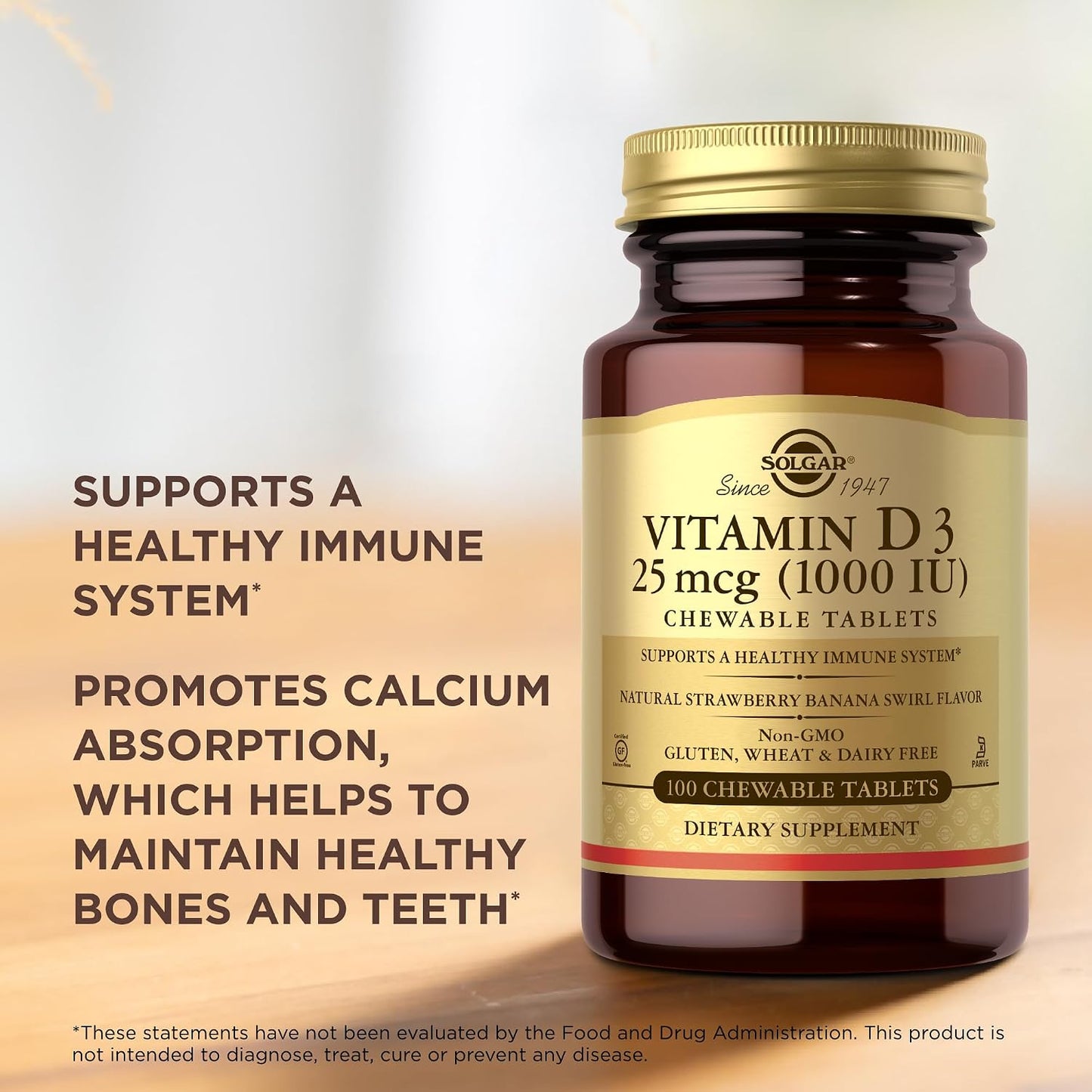 Solgar Vitamin D3 (Cholecalciferol) 25 mcg (1000 IU) Chewable Tablets, Natural Strawberry Banana – 100 Count - görsel 5