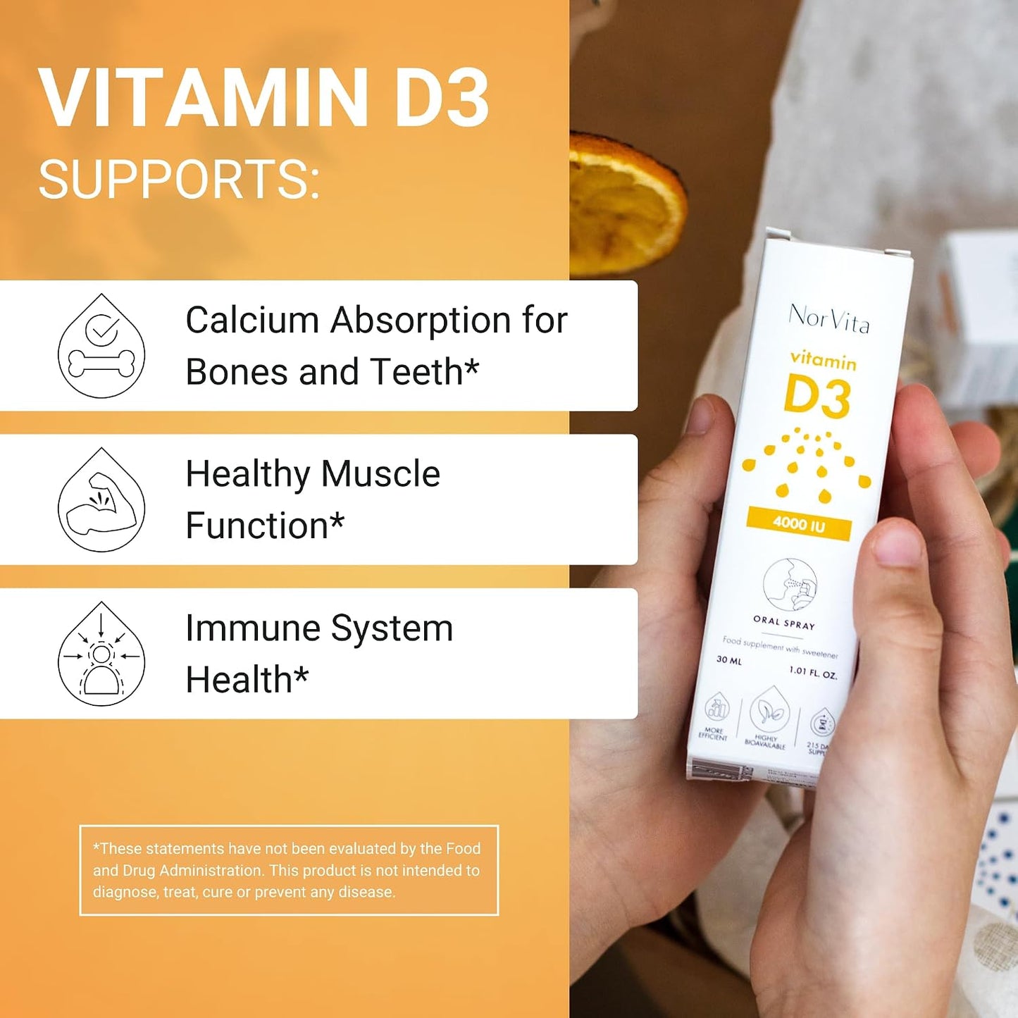 NorVita Vitamin D3 Spray 4000 IU - High Absorption Vegan Mouth Spray for Bone & Immune Support (30 ml, 215 Servings) - görsel 2