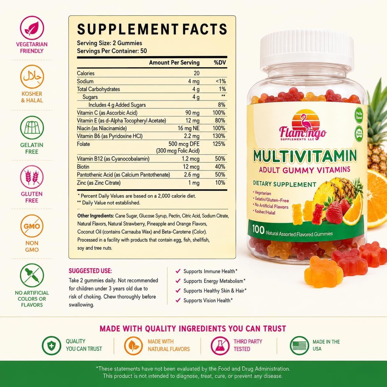 Flamingo Supplements Multivitamin Gummies | Vegan Friendly, Kosher Halal, No Gelatine, Non-GM | for Men, Women & Kids | 3 Natural Flavours | Vitamins C, B3, B12, Biotin, Zinc & More | 100 Gummies - görsel 2