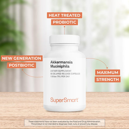 Supersmart Akkermansia Muciniphila 1 Billion TFU per Day - Pasteurised Probiotic - Enhanced Absorption - Postbiotic Supplement - Non-GM & Gluten free - 60 Delayed Release Capsules