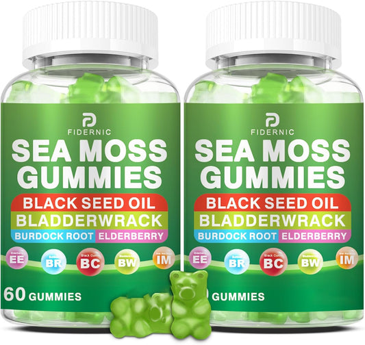Sea Moss Gummies – Irish Sea Moss with Elderberry & Black Seed Oil, Bladderwrack, Burdock Root – Immune Support – Vegan – Image 1