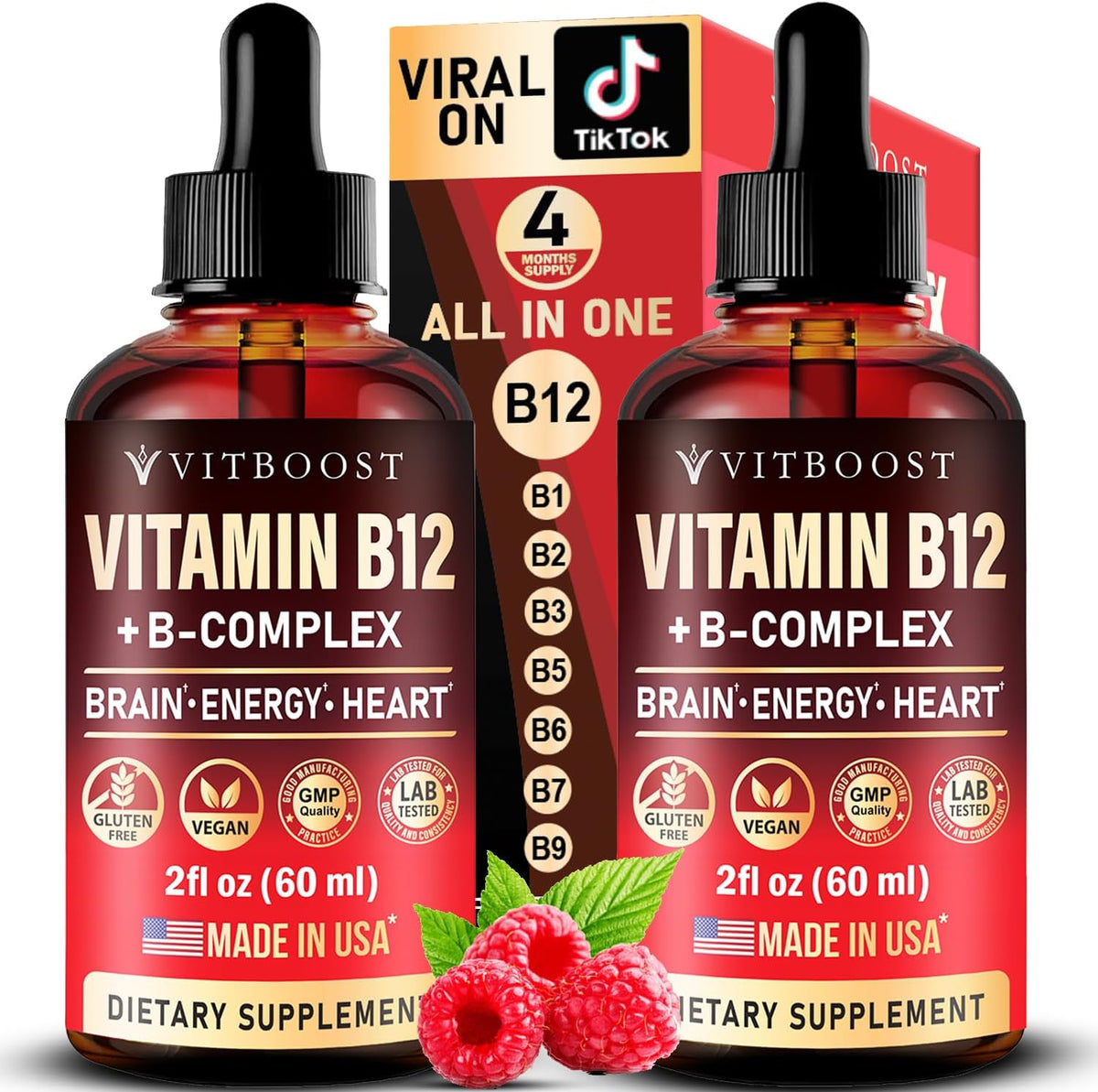 Vegan Vitamin B12 with B Complex 20 mg - Extra Strength for Men and Women's - Raspberry Liquid Drops | Made in Australia – Image 1