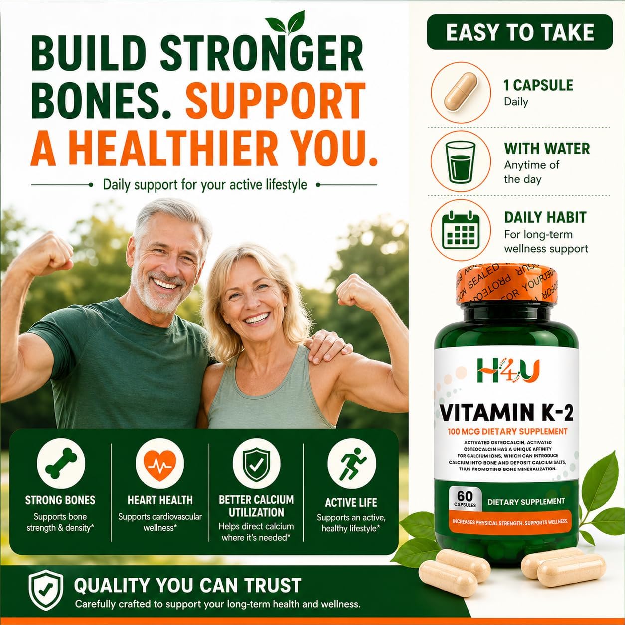 H4U Vitamin K2 MK-7 100 mcg – 60 Veg Capsules – Bone & Heart Health Support - görsel 5