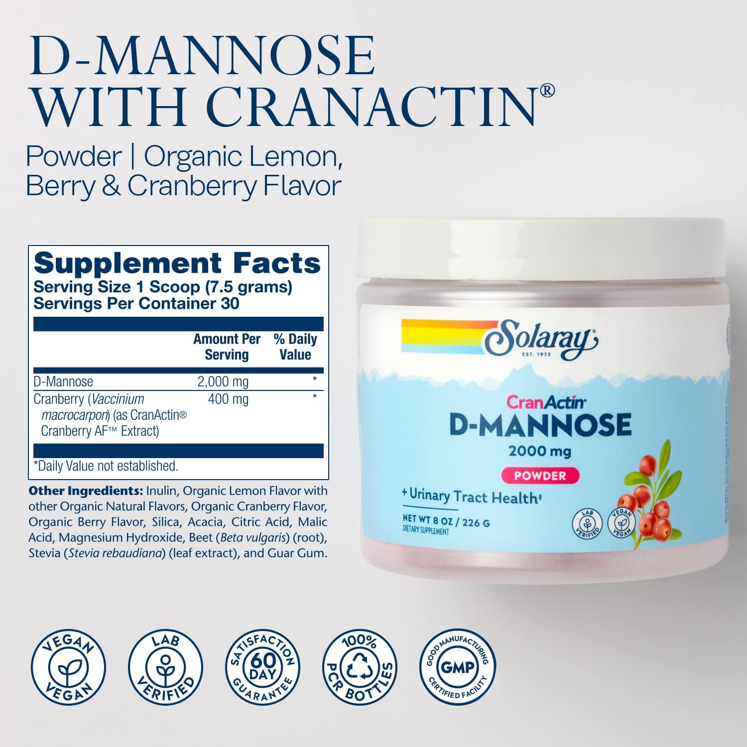 SOLARAY D-Mannose with CranActin Cranberry AF Extract Powder – 2000 mg, 30 Servings - görsel 2