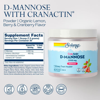 SOLARAY D-Mannose with CranActin Cranberry AF Extract Powder – 2000 mg, 30 Servings
