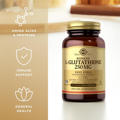 Solgar Reduced L-Glutathione 250 mg - 60 Vegetable Capsules - Antioxidant Support - Non-GM, Vegan, Gluten free, Dairy-free, Kosher - 60 servings