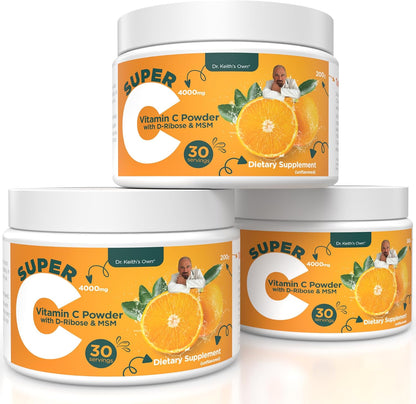 Dr. Keith's Own Super C - High Dose Powdered Vitamin C 4000mg with D-Ribose, Glycine, MSM - Unflavoured, 200 Grams (30 Servings)