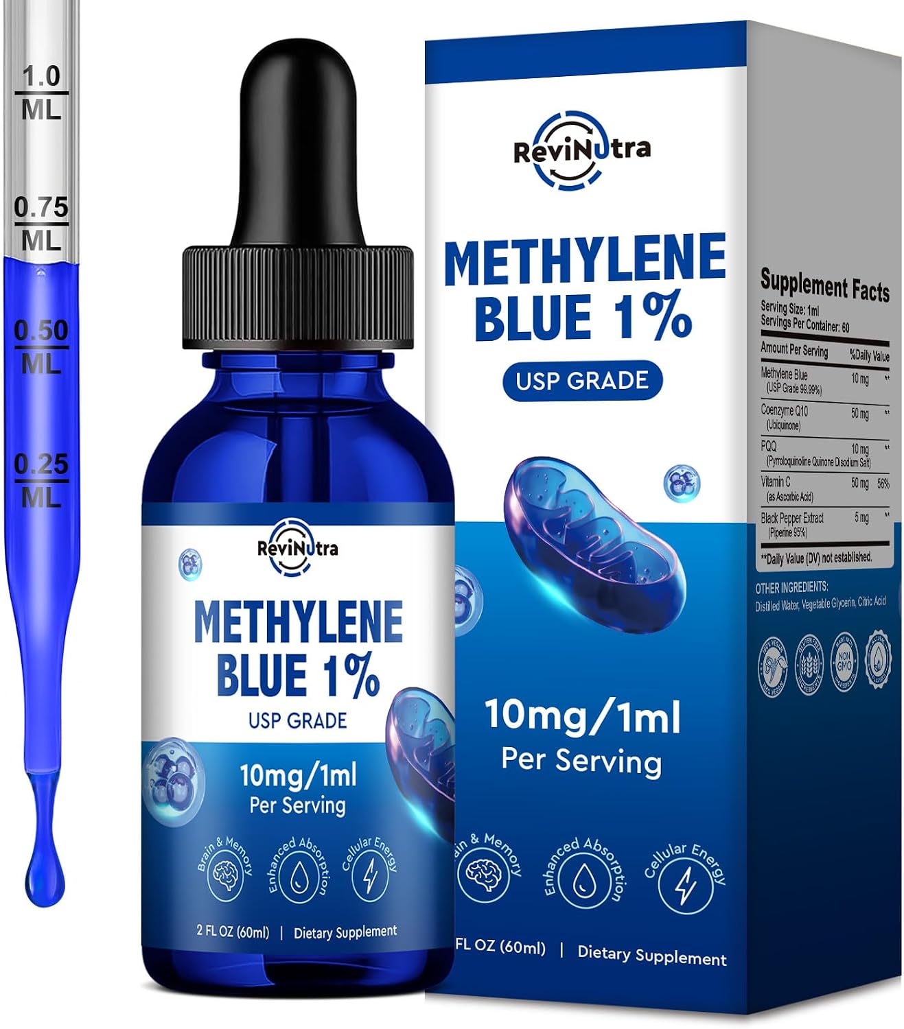 ReviNutra Methylene Blue Drops, USP Grade 1% with PQQ, CoQ10, Vitamin C & Piperine, 59 mL - görsel 1