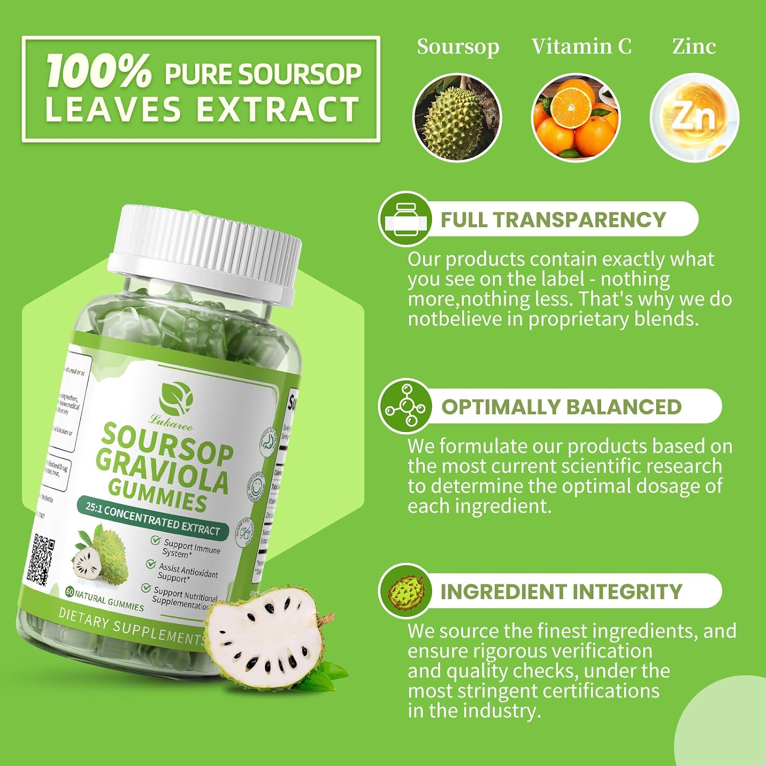 (2 Pack) Soursop Graviola Gummies - Concentrated Soursop Leaves Extract with Vitamin C and Zinc for Immune and Antioxidant Support, Sugar Free, Gluten free, Vegan, 60 Gummies - görsel 4