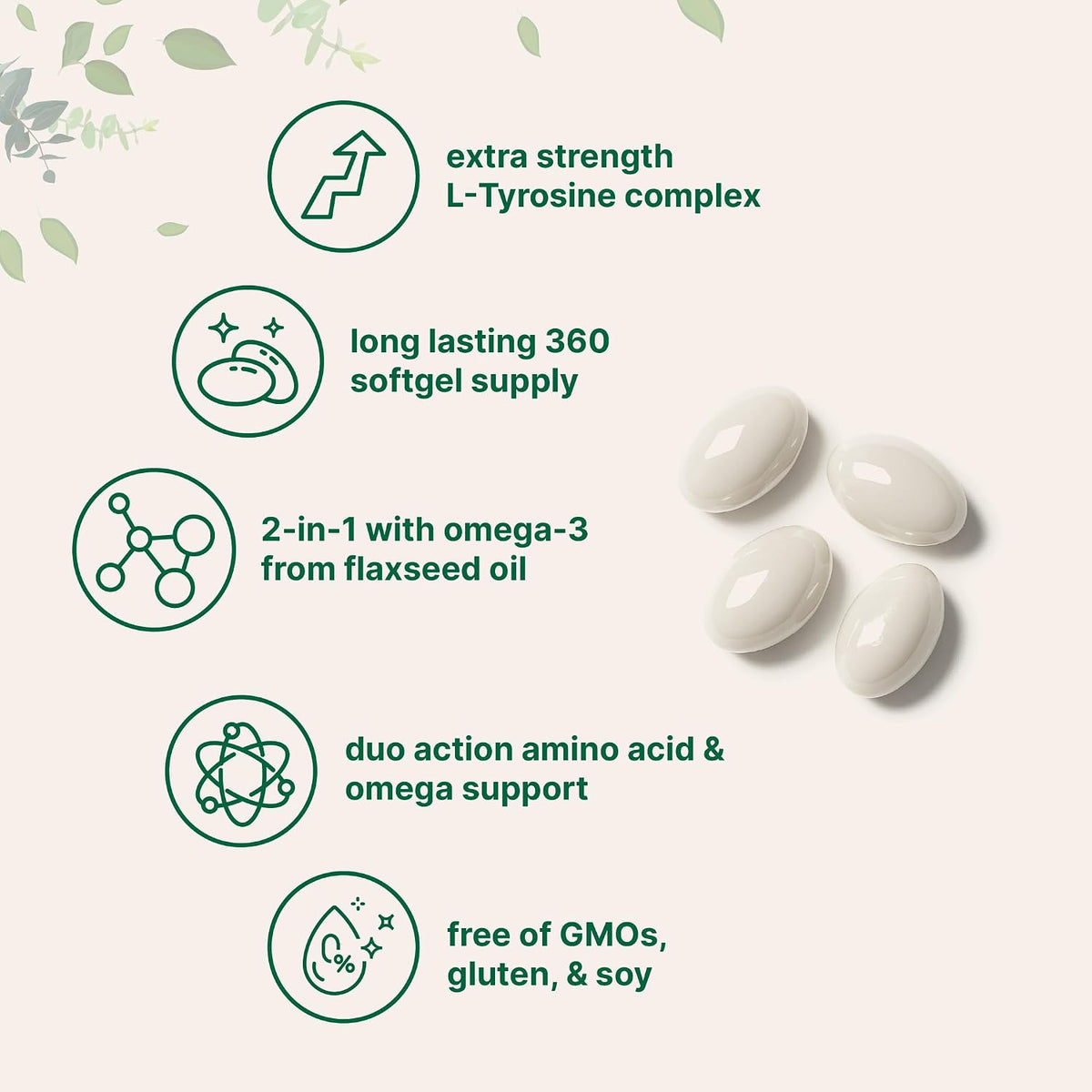 L-Tyrosine 500mg with Omega-3 from Flaxseed Oil, 360 Soft-gels - Brain, Mood & Cardiovascular Support – Image 3