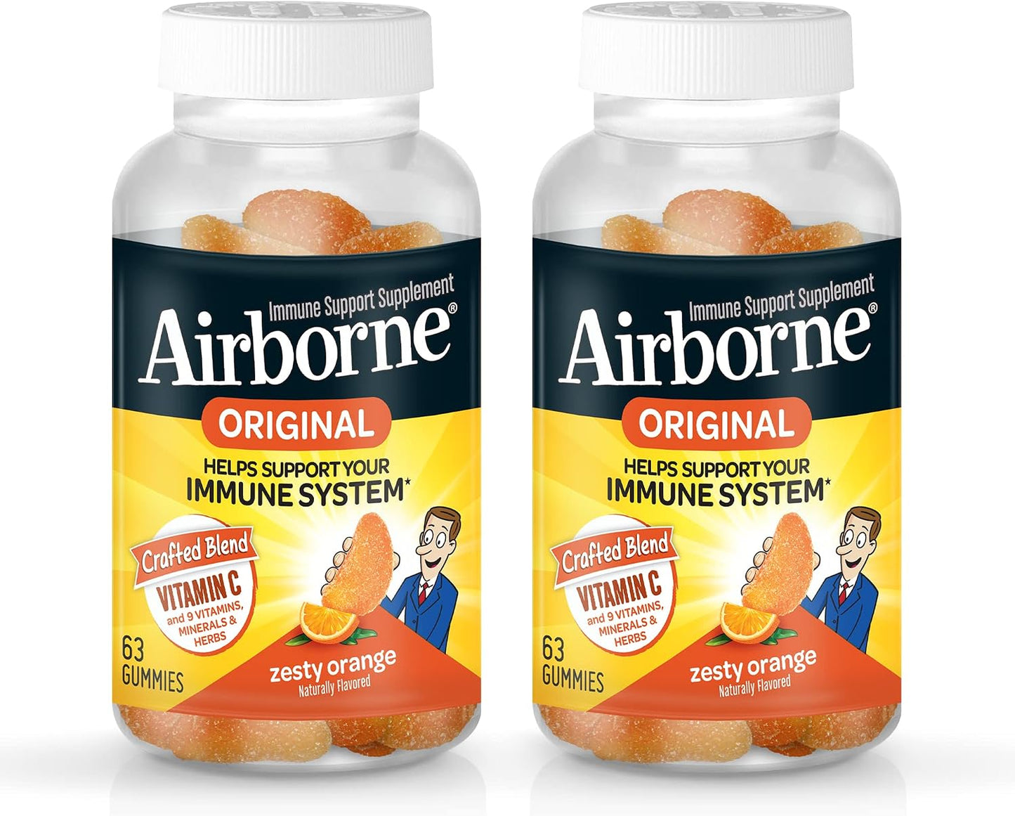 Airborne 750mg Vitamin C Immune Support Supplement Gummies for Adults, Zesty Orange Flavour, Gluten free Crafted Blend with Powerful Antioxidants Vitamins A C & E, 63 Gummies (2 Pack) - görsel 1
