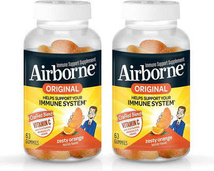 Airborne 750mg Vitamin C Immune Support Supplement Gummies for Adults, Zesty Orange Flavour, Gluten free Crafted Blend with Powerful Antioxidants Vitamins A C & E, 63 Gummies (2 Pack)