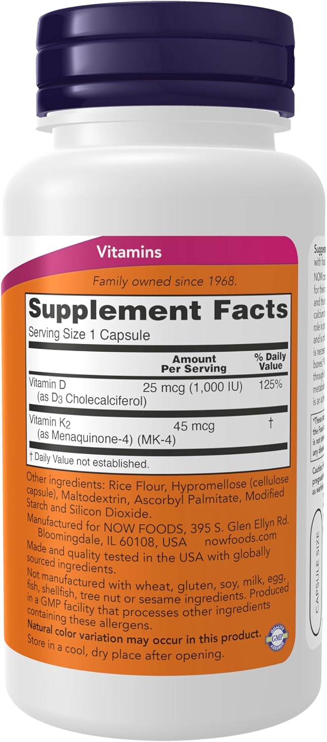NOW Foods Vitamin D-3 & K-2, 1000 IU/45 mcg, 120 Veg Capsules - görsel 2