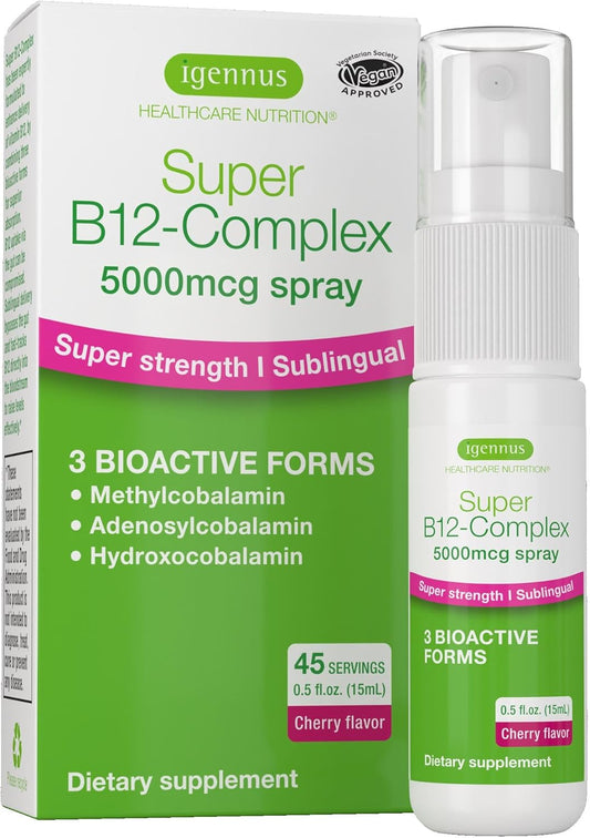 Igennus Triple Vitamin B12 Complex 5000mcg, Liquid Sublingual Spray, 45 Servings, Natural Cherry Flavour, Vegan – Image 1