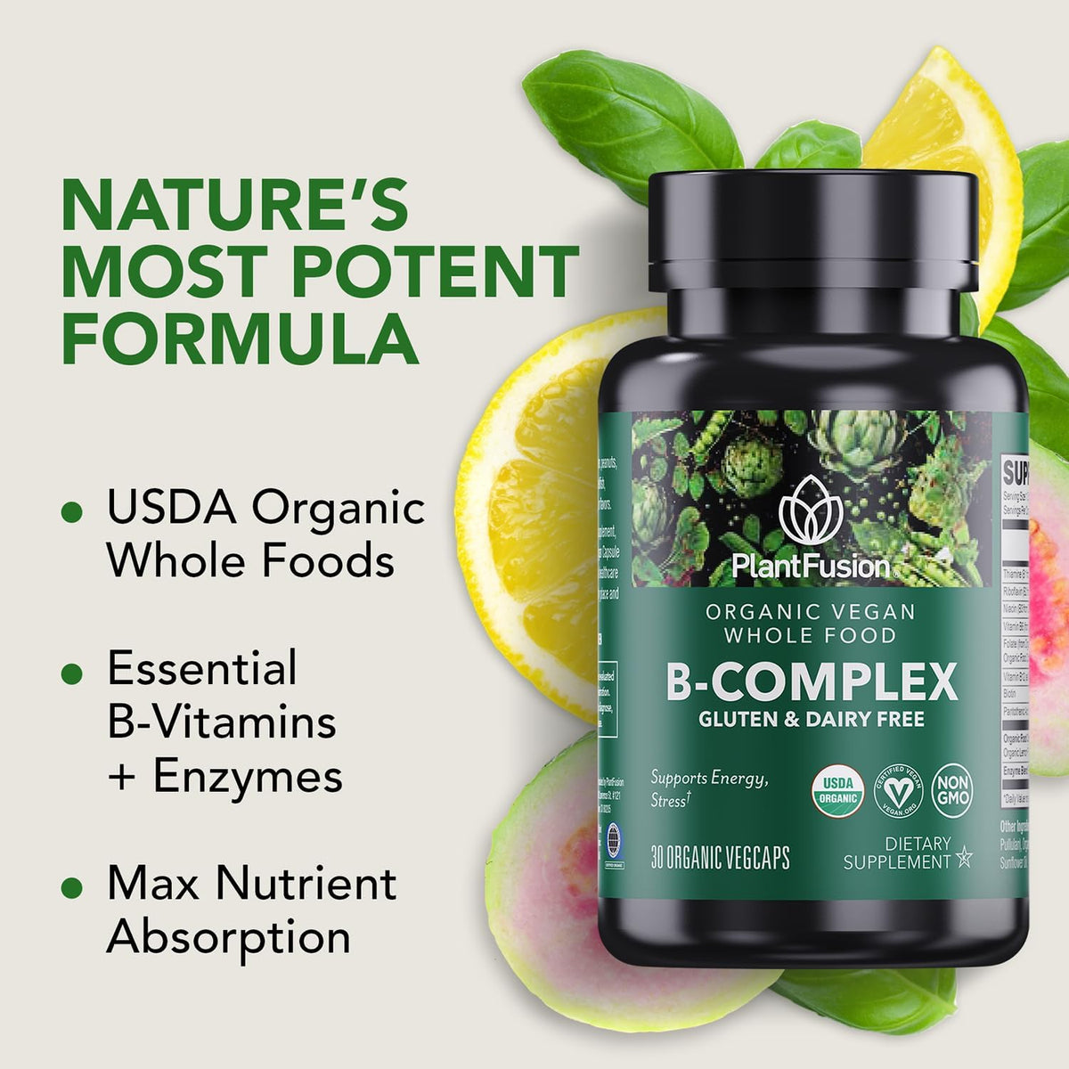 PlantFusion Organic Vitamin B-Complex, Vegan Wholefood Supplement for Energy & Metabolism, Methylated B12, Guava, Lemon & – Image 2