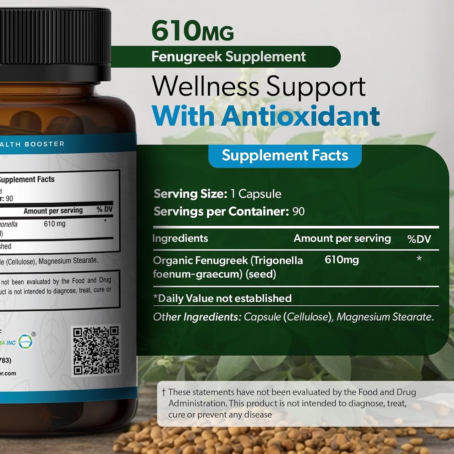 TRUEMED Organic Fenugreek Capsules 610 mg – Digestive Comfort, Natural Energy & Wellbeing Support (90 Capsules) - görsel 3