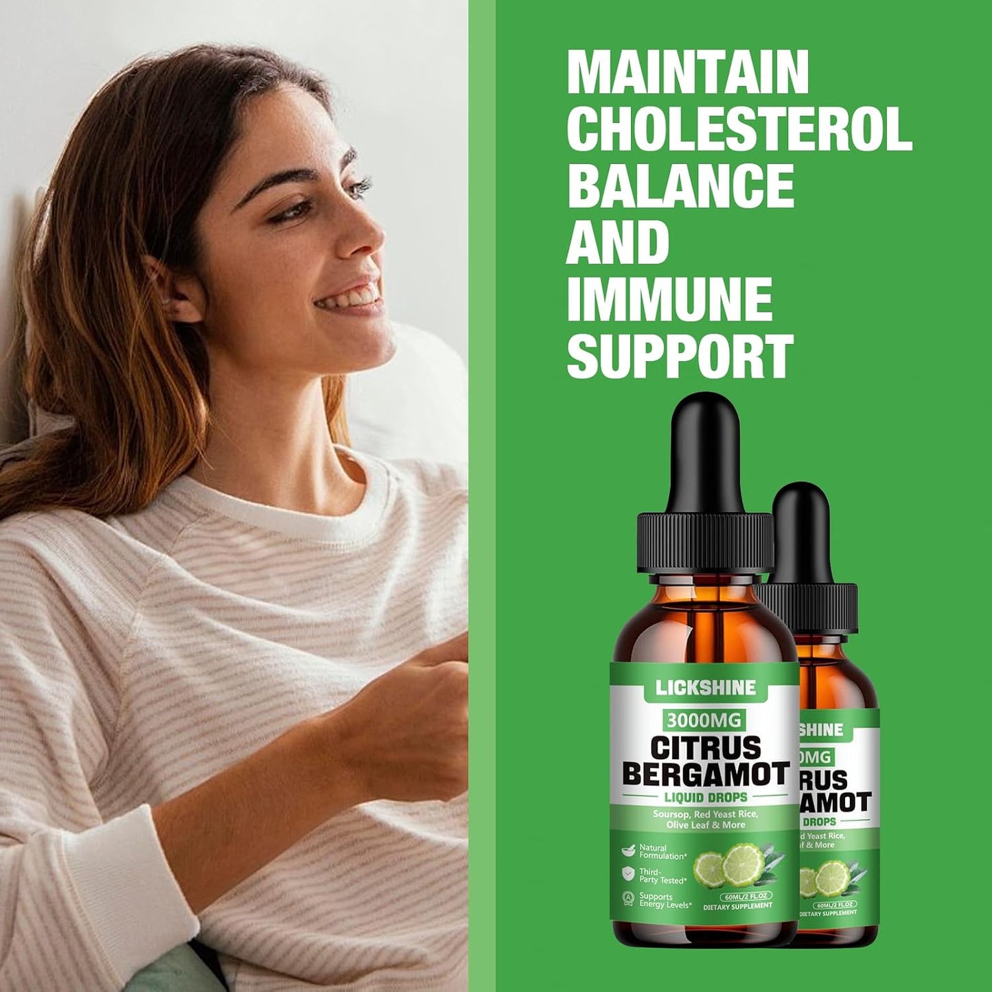 lickshine Citrus Bergamot Liquid Drops 3000mg - 2 Pack - Fast-Absorbing Liquid Supplement for Cholesterol & Immune Support, 120 mL Each - görsel 7