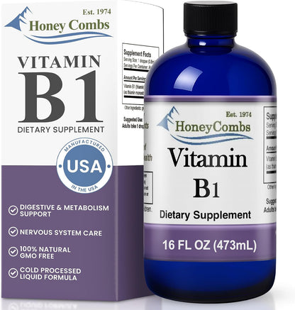 HoneyCombs Vitamin B1 (Thiamine) Liquid Drops - High Potency - Nervous System, Energy & Overall Health - Vegan Liquid B Vitamins (240 mL)