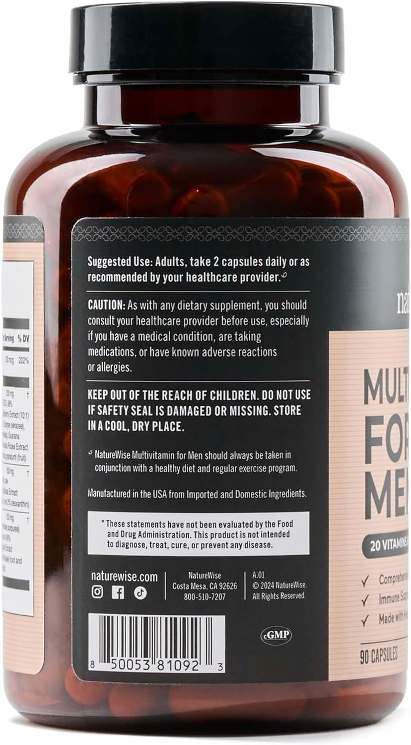 NatureWise Multivitamin for Men - Daily Male Support - Minerals & Herbs for Energy, Performance, Immunity - with Vitamin A, C, D, B-Complex - Soy & Gluten Free, Non-GM - 90 Capsules (45-Day Supply) - görsel 7