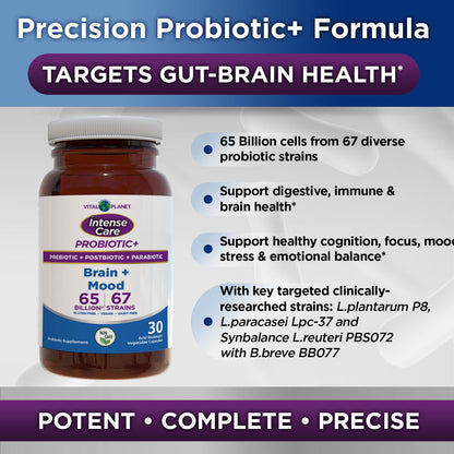 Vital Planet Intense Care Brain & Mood Probiotics – 65 Billion CFU, 67 Strains, 4-in-1 Supplement, 30 Capsules