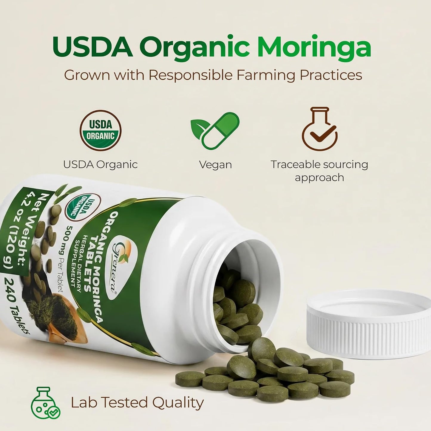 Grenera Organic Moringa Tablets - USDA Organic, 500mg, 240 Tablets - görsel 6