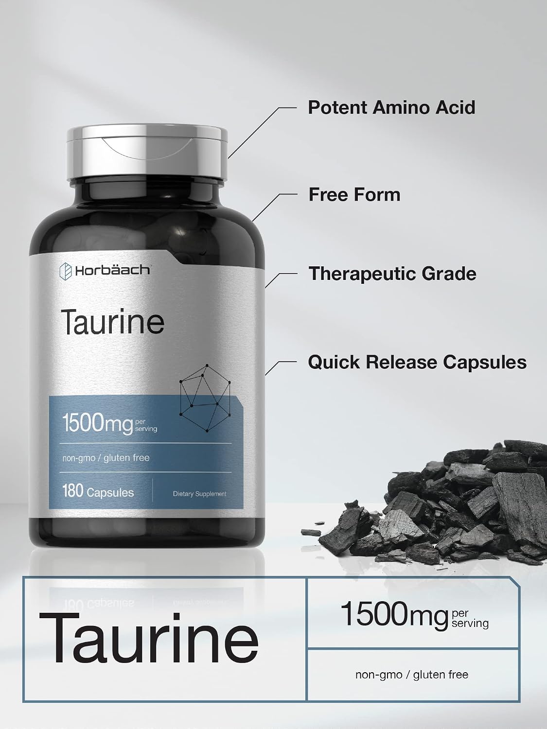 Horbäach Taurine 1500mg | 180 Capsules | Amino Acid Supplement | Non-GM and Gluten free - görsel 3