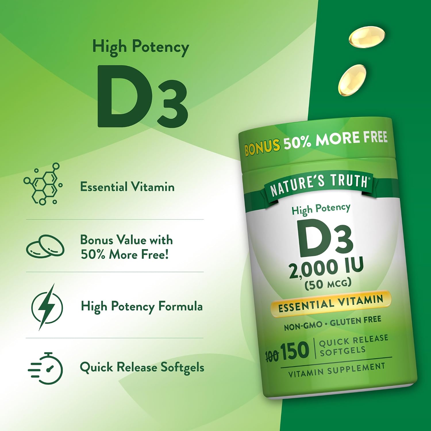 Nature's Truth Vitamin D3 2000 IU Softgels for Adults - görsel 5