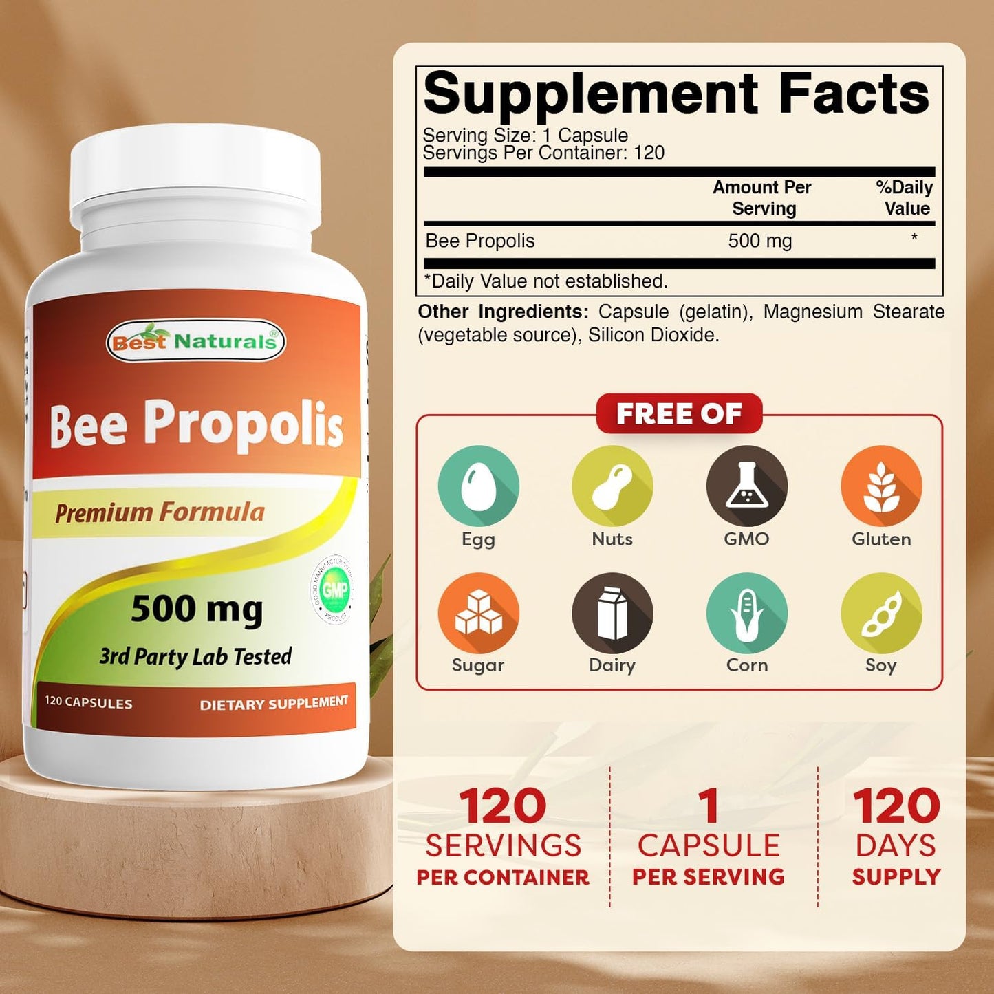 Best Naturals Bee Propolis 500 mg - 360 Capsules (3 Bottles) - görsel 2
