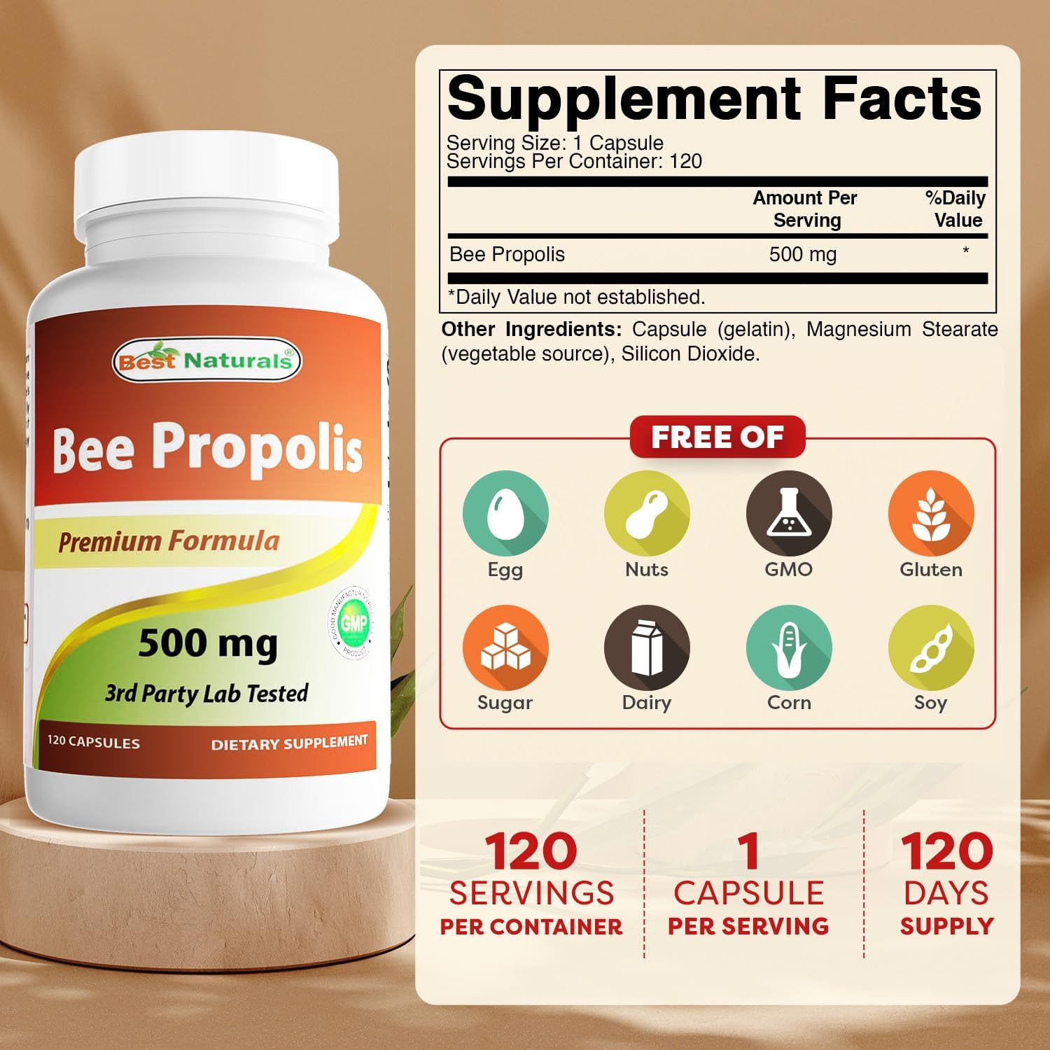Best Naturals Bee Propolis 500 mg - 360 Capsules (3 Bottles) - görsel 2