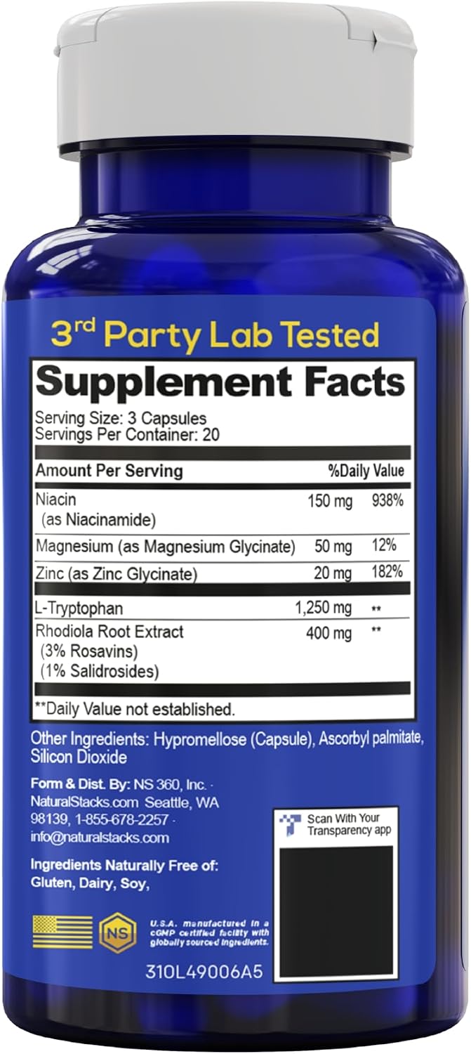 Serotonin Brain Food - 1250mg L-Tryptophan & 400mg Rhodiola Rosea Supplement - Mood Support with Magnesium Glycinate & Zinc - 60 Capsules - görsel 8