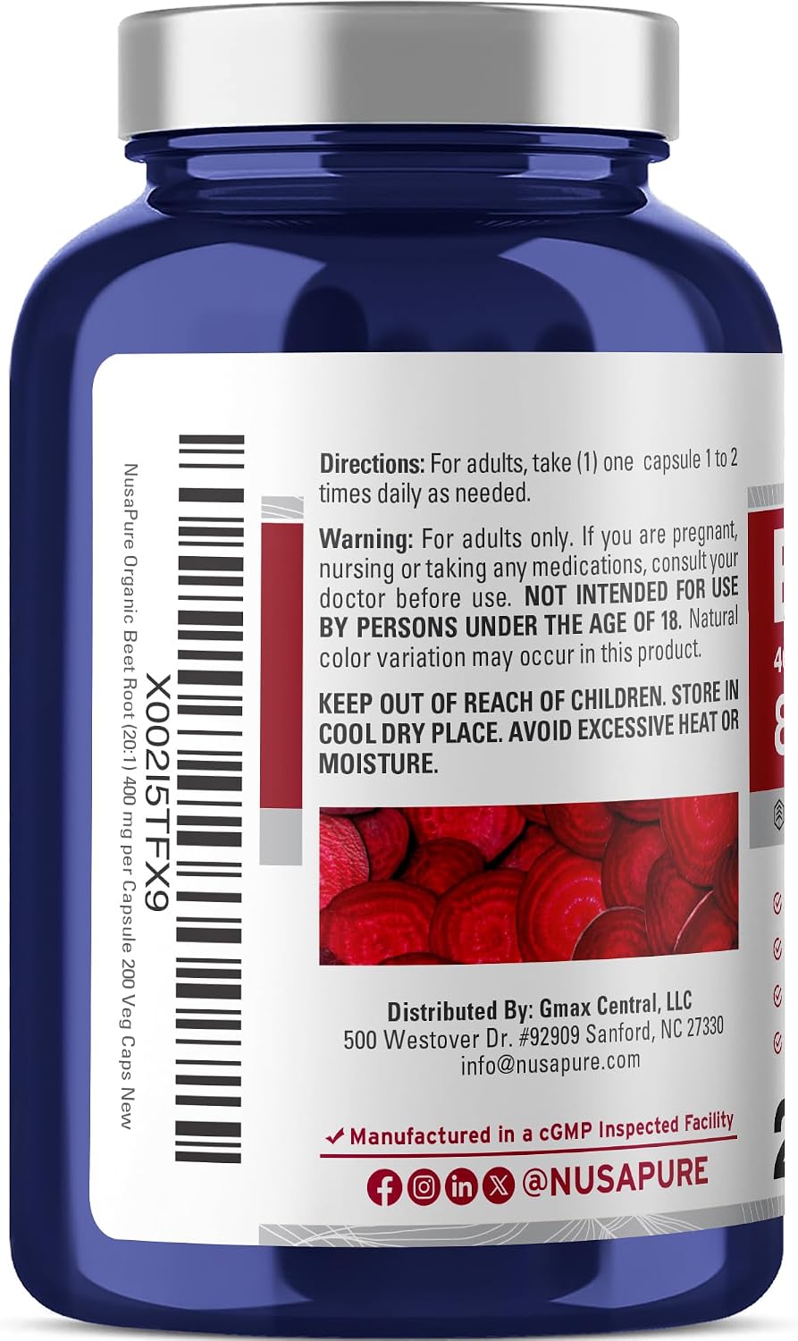 NusaPure Organic Beetroot, 400 mg, 200 Veg Capsules (Vegan, Non-GM) - görsel 3