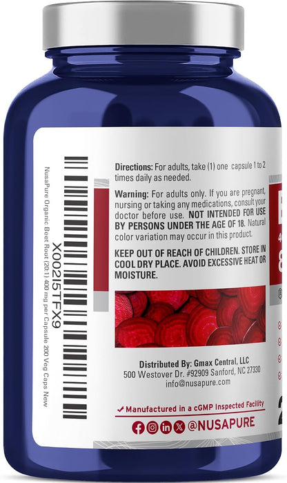 NusaPure Organic Beetroot, 400 mg, 200 Veg Capsules (Vegan, Non-GM)