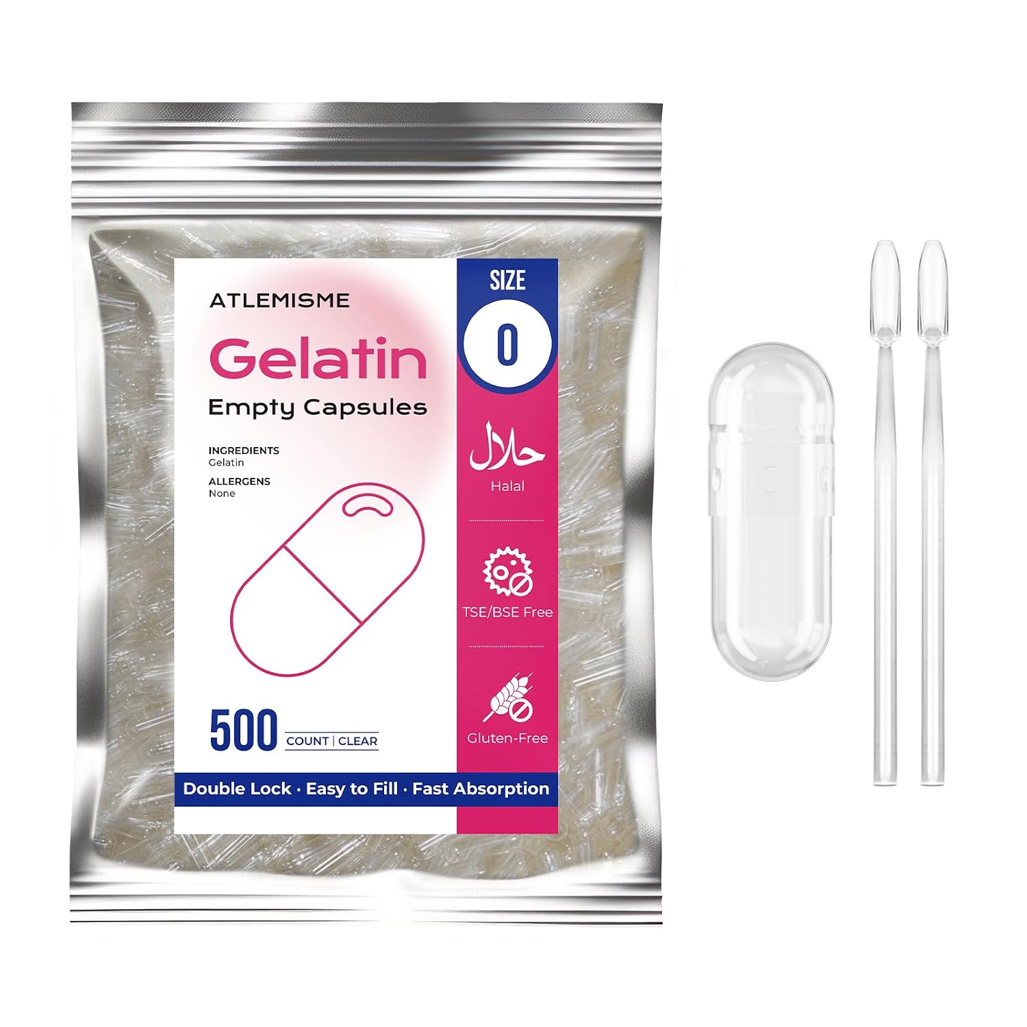 ATLEMISME Empty Gelatine Capsules Size 0 - Clear Empty Capsules 500 Count - Kosher and Halal Pure Gelatine Capsules - DIY Powder Filling - görsel 1