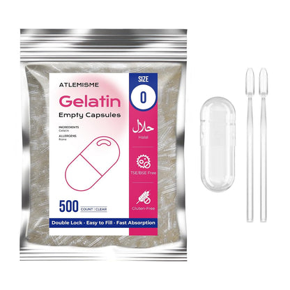 ATLEMISME Empty Gelatine Capsules Size 0 - Clear Empty Capsules 500 Count - Kosher and Halal Pure Gelatine Capsules - DIY Powder Filling