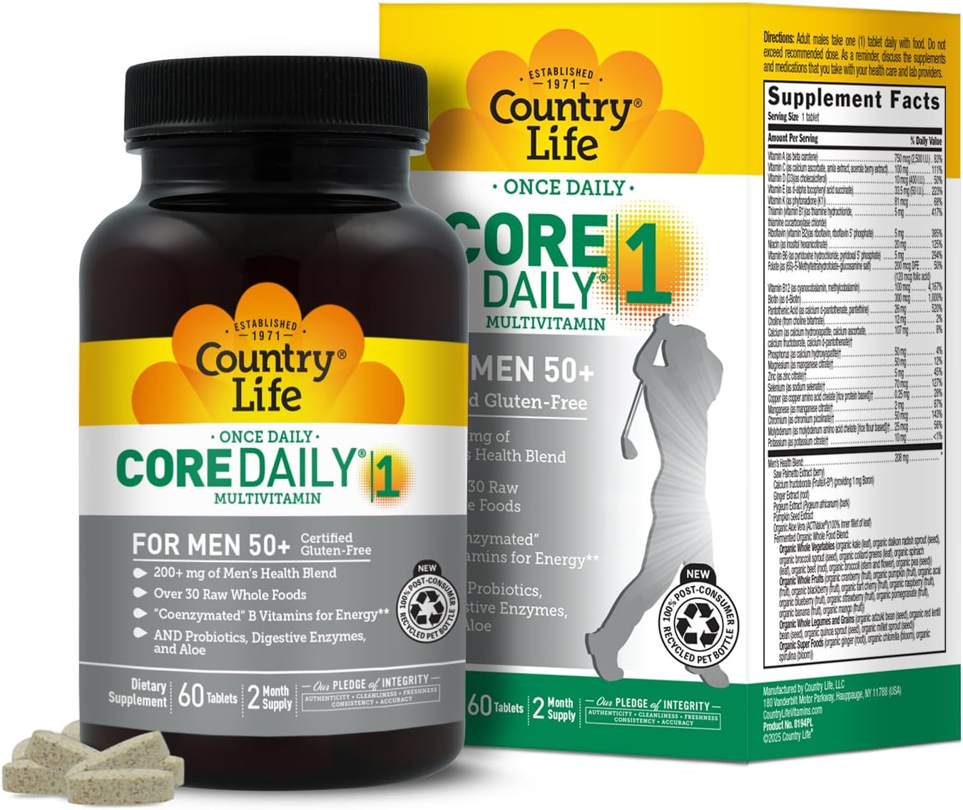 Country Life CORE Daily-1 Multivitamin for Men 50+ - Energy & Immune Support with Coenzymated B Vitamins, Probiotics & Enzymes, 60 Tablets - görsel 1