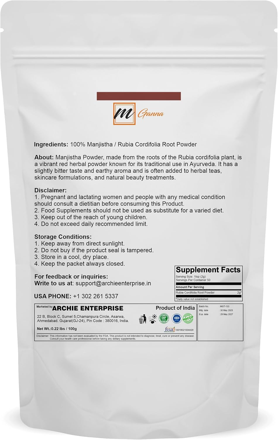 Natural Manjistha/Rubia Cordifolia/Madder Root Powder for Health and Skin Care 100 g - görsel 2