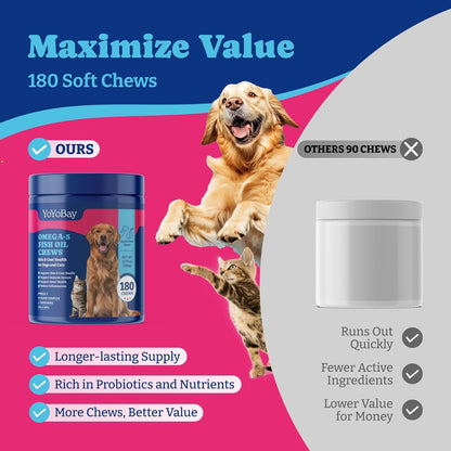 YoYoBay Fish Oil Chews for Dogs & Cats, Omega 3 Fish Oil for Dogs - Rich in Omega 3, 6, and 9 with Flaxseed Oil, EPA & DHA - 180 Soft Chews, Duck & Pear Flavour