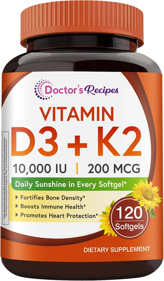Doctor's Recipes Vitamin D3 K2, 10,000 IU, – Bone Density and Teeth Health: Vitamin D3 helps absorb calcium, while – Image 1