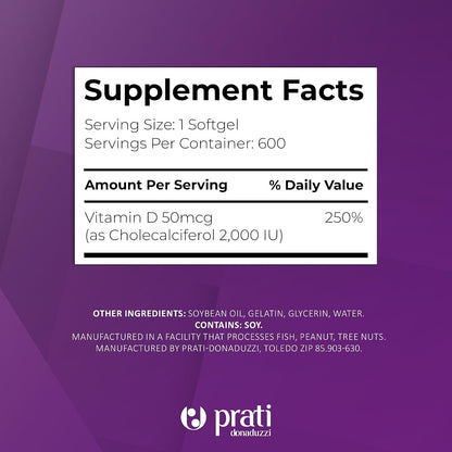 Prati Donaduzzi Vitamin D3 2,000 IU (50 mcg) Soft-gels - 600 Count