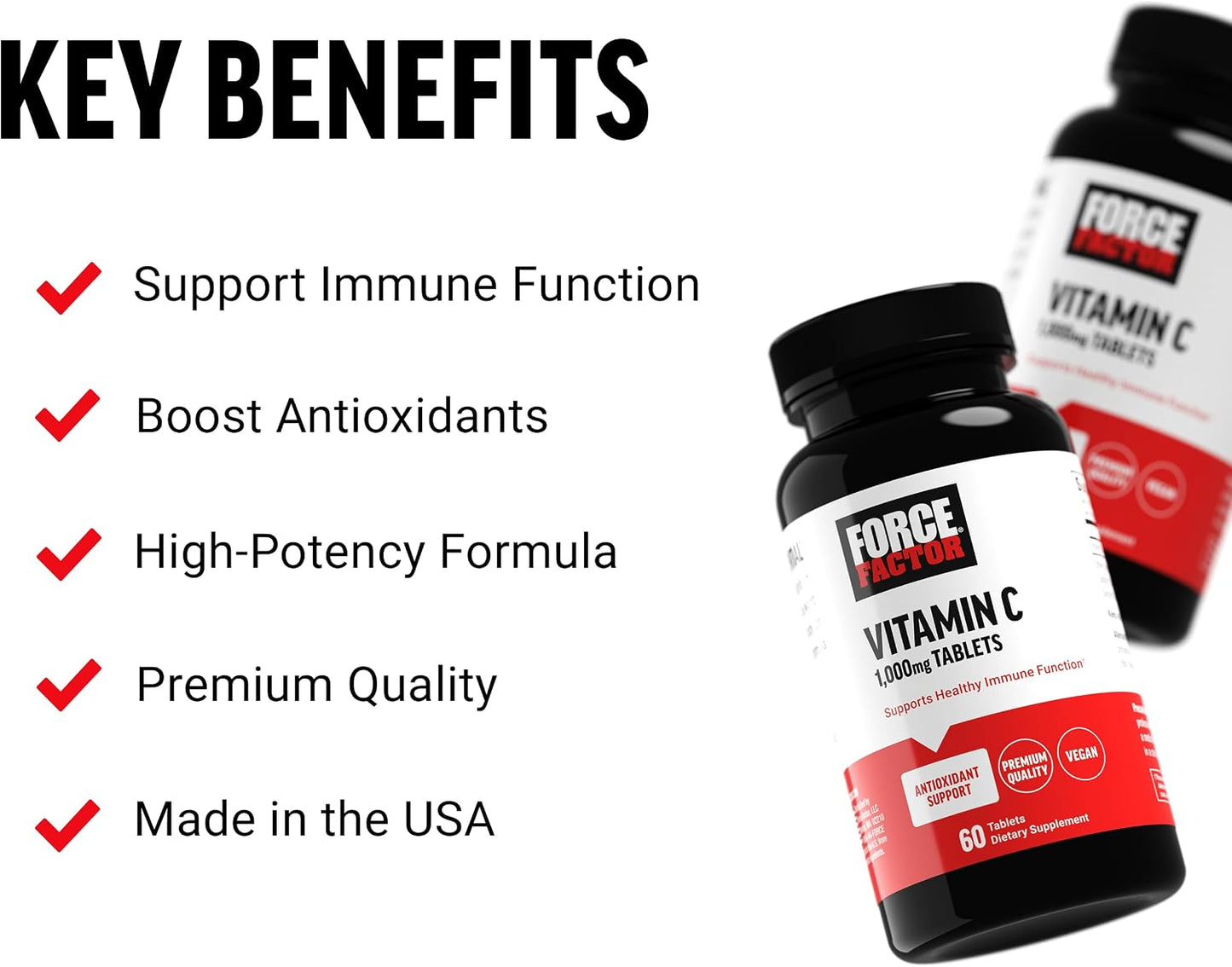 Force Factor Vitamin C 1000mg Immune Support Supplement, Vitamin C Supplement Immunity Vitamins Plus Antioxidant Support, Premium Quality, Vegan, 60 Vitamin C Tablets - görsel 2
