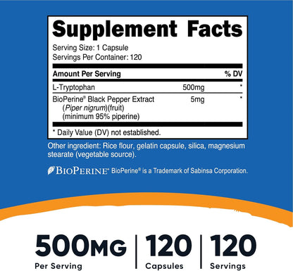 Nutricost L-Tryptophan 500mg, 240 Capsules (2 Bottles of 120)