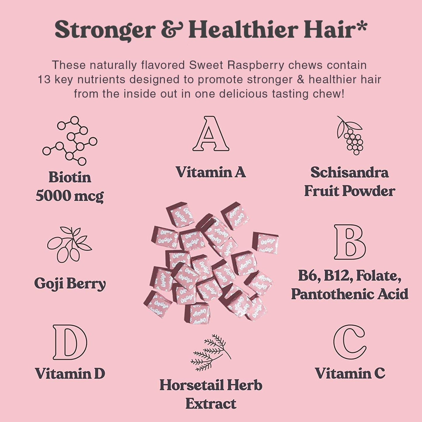 Chewsy - Beautiful Hair Chews - Promotes Stronger, Healthier Hair, Biotin, Vitamins C, A, B12, D3, Goji Berry - 6-Day Supply - görsel 2