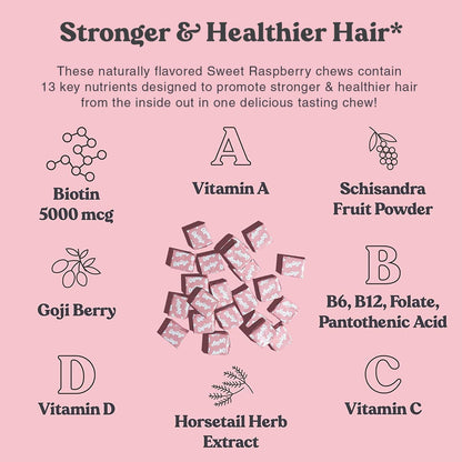Chewsy - Beautiful Hair Chews - Promotes Stronger, Healthier Hair, Biotin, Vitamins C, A, B12, D3, Goji Berry - 6-Day Supply