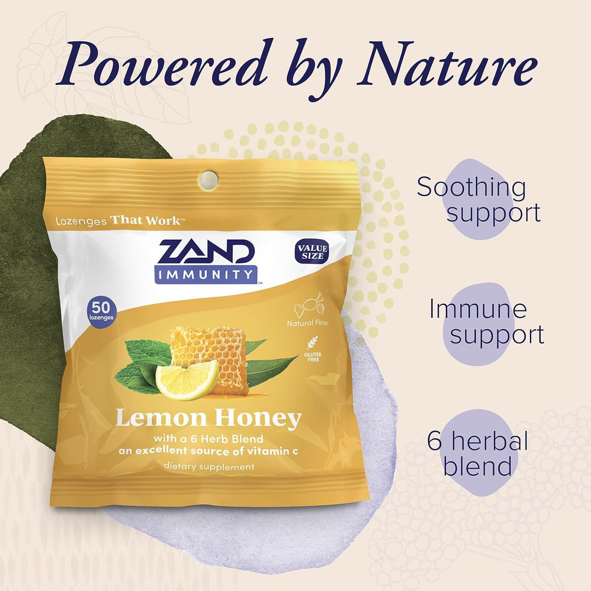 ZAND Immunity Lemon Honey Throat Lozenges – Herbal Blend: Mullein leaf, marshmallow, eucalyptus, peppermint, sage, – Image 3