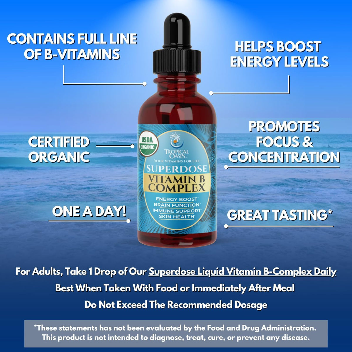 Superdose Organic Vitamin B Complex Liquid Drops - 125,000% DV Vitamin B12, Energy Support, USDA Organic, Vegan, Non-GM, 60 – Image 4
