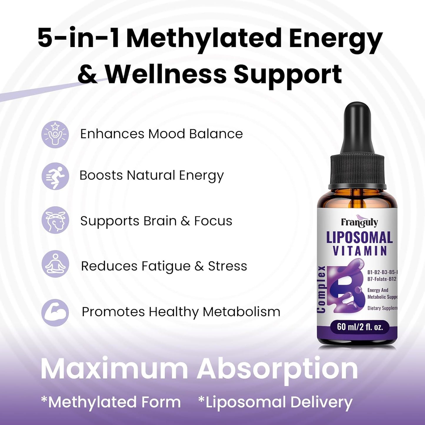 Liposomal Vitamin B Complex Liquid with Methylated B12, B1, B2, B3, B5, B6, Folate, Biotin - Energy & Immune Support, 240 mL - görsel 5